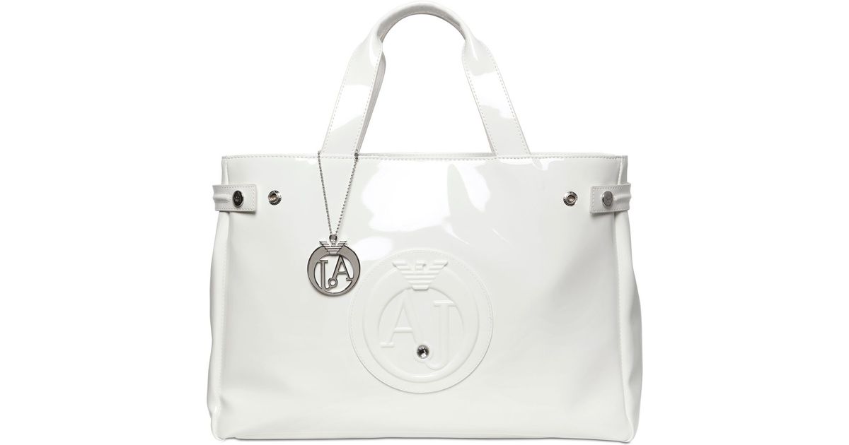 Armani Jeans Medium Embossed Logo Patent Vinyl Bag In White Lyst