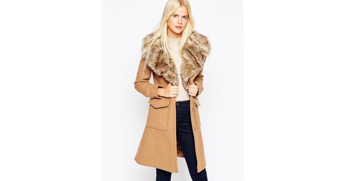 Asos Coat In A Line Fit With Faux Fur Collar And Belt in ...