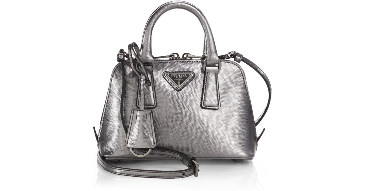 Prada Saffiano Lux Mini Promenade Bag in Silver (CROMO-SILVER) | Lyst
