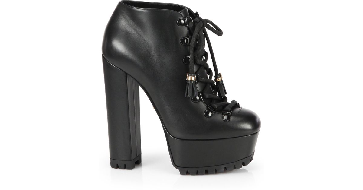 Gucci Kayla Lace-Up Leather Platform Ankle Boots in Black | Lyst