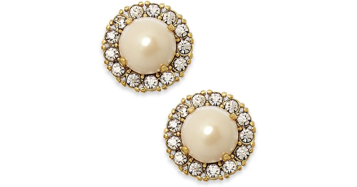 Lyst Kate Spade New York Gold Tone Round Crystal Pearl Stud Lyst Kate Spade New York Gold Tone Round Crystal Pearl Stud Earrings In Metallic