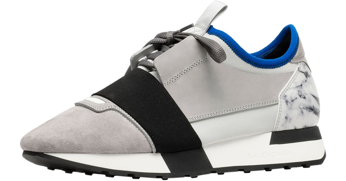 Balenciaga Race Runners Marble Paneled Low-Top Sneakers in Gray (Grey / Blue / White) | Lyst