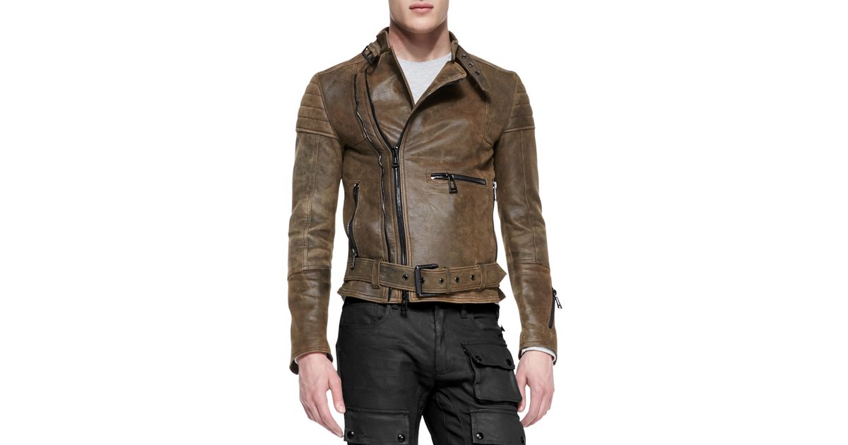 Belstaff Distressed Leather Moto Jacket Brown In Lyst