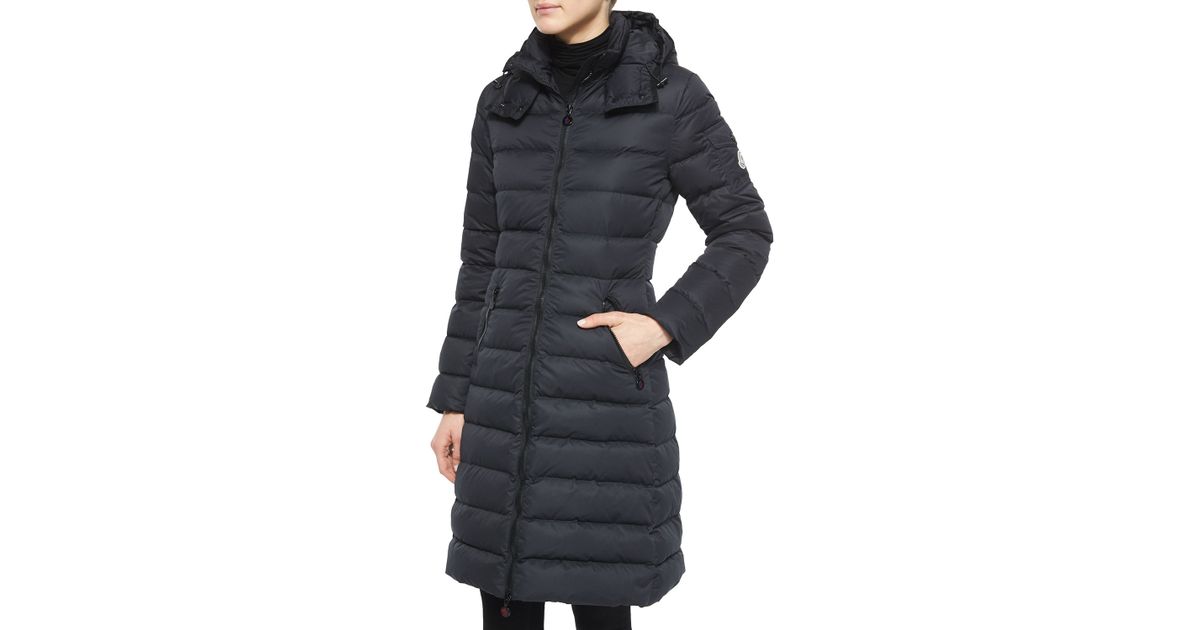 moncler moka shiny fitted puffer coat with hood