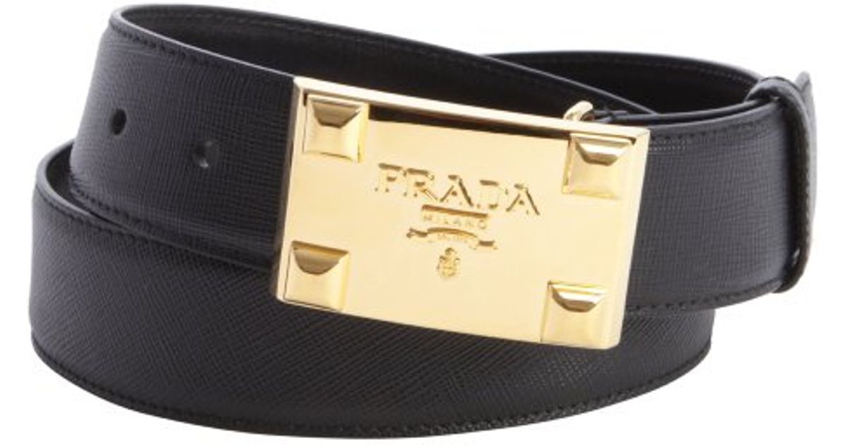 Prada Black Saffiano Leather Gold Buckle Belt in Black | Lyst  