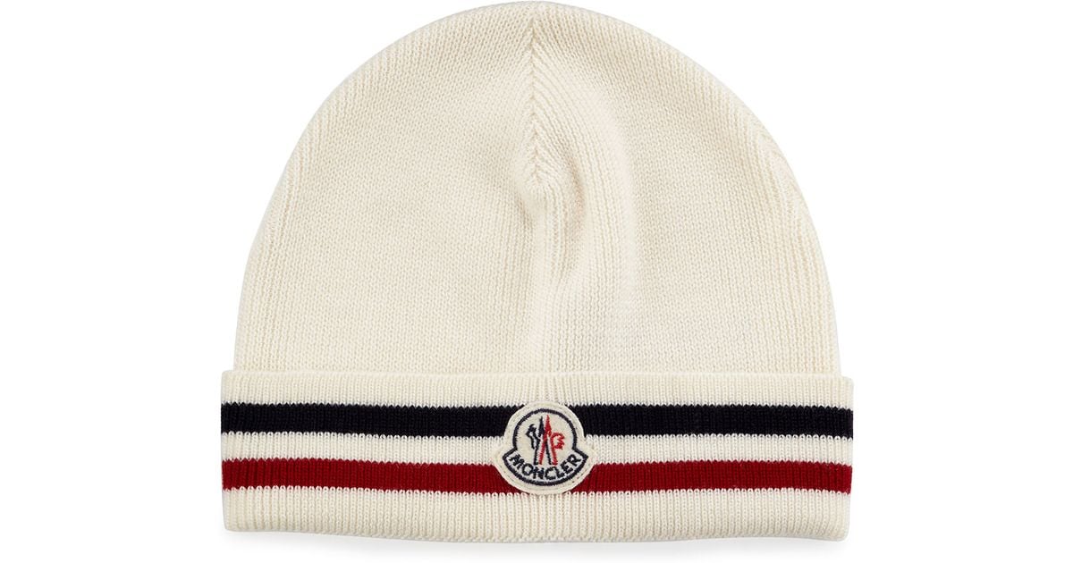 Moncler Striped Logo Cashmere Beanie Hat in White for Men | Lyst