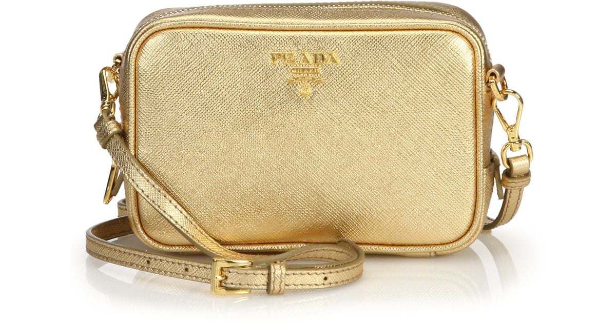 Prada Metallic Saffiano Leather Camera Bag in Gold | Lyst  
