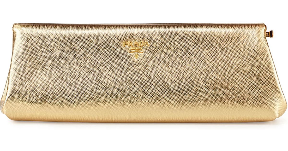 Prada Saffiano East-West Clutch Bag in Gold | Lyst  