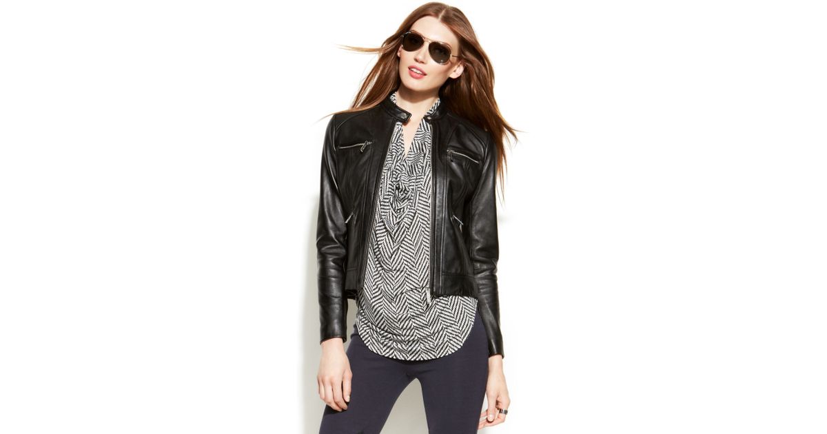 Lyst Michael Kors Petite Leather Moto Jacket In Black