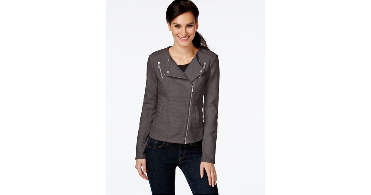 Calvin Klein Faux Leather Textured Moto Jacket In Gray Lyst
