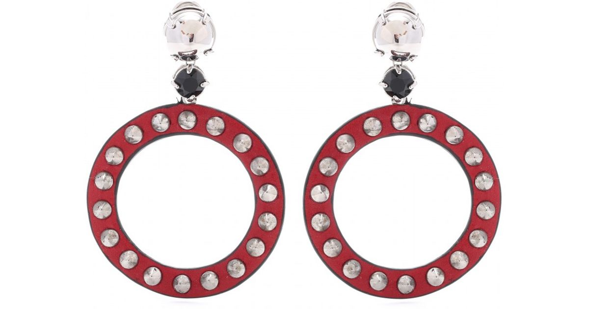 Lyst Miu Studded Leather Hoop Clip On Earrings In Red