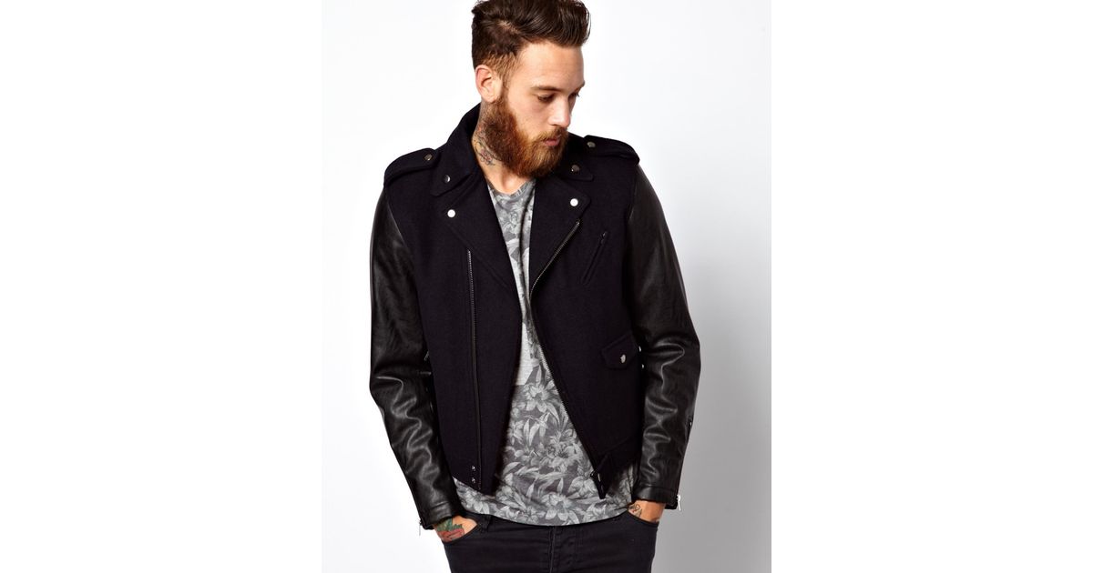 Lyst Asos Biker Jacket With Faux Leather Sleeves In Blue For Men