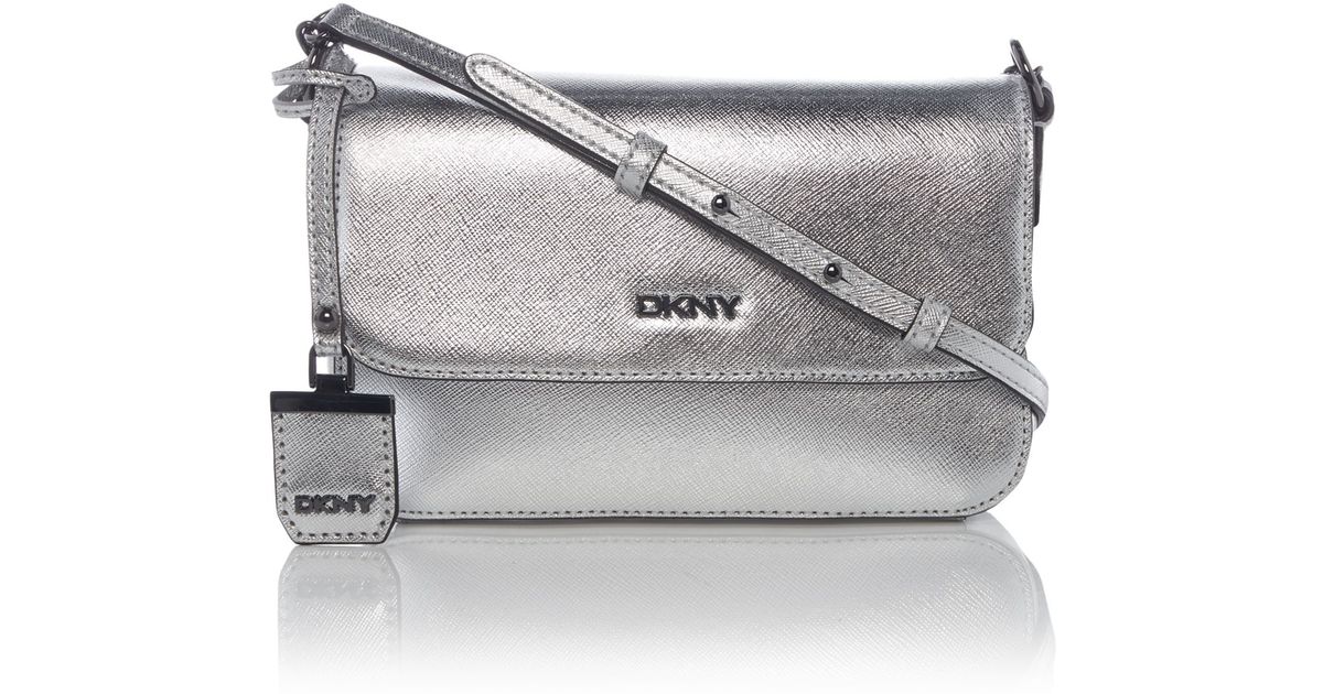 Dkny Saffiano Silver Small Flap Over Cross Body Bag in Silver | Lyst