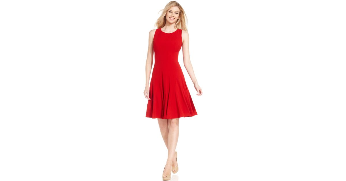 Calvin klein Sleeveless Pleated A-line Dress in Red | Lyst