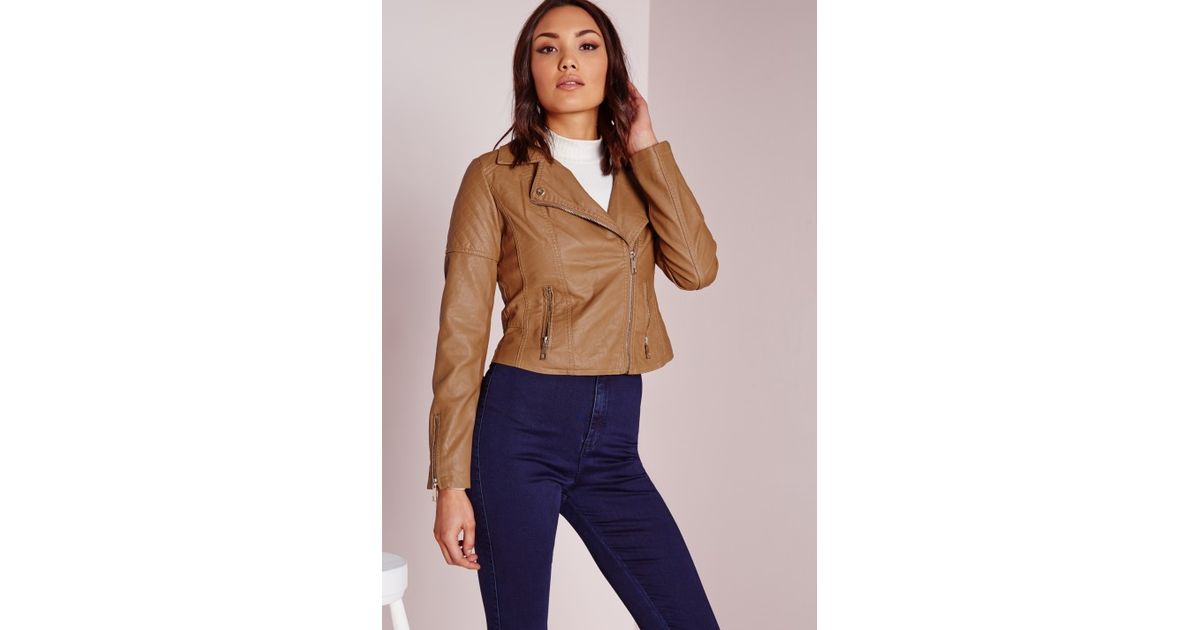 Missguided Faux Leather Biker Jacket With Fur Collar Tan In Missguided Faux Leather Biker Jacket With Fur Collar Tan In Brown Lyst