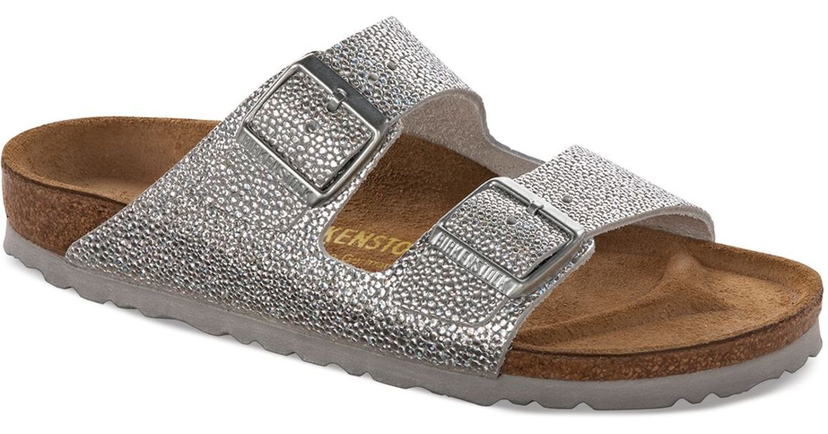 Birkenstock Flatbed Sandals - Pebbled Arizona in Silver (Metallic