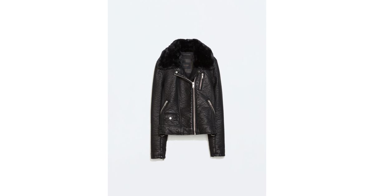 Zara Faux Leather Jacket With Detachable Fur Collar In Black Lyst
