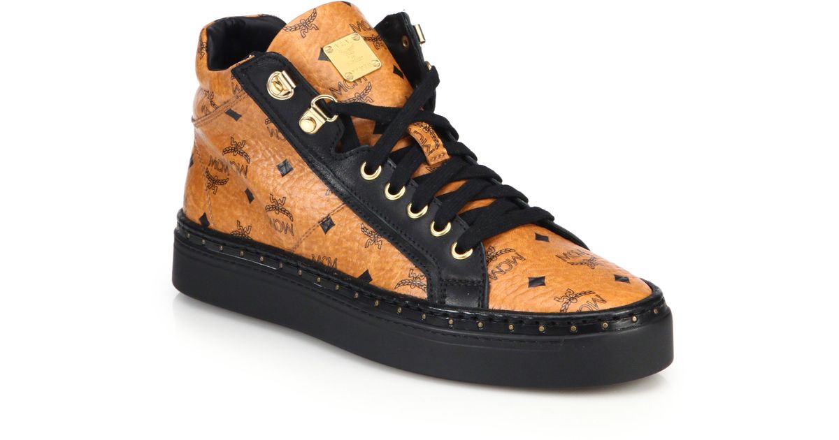 Lyst - Mcm Coated Canvas Mid-top Sneakers in Brown for Men
