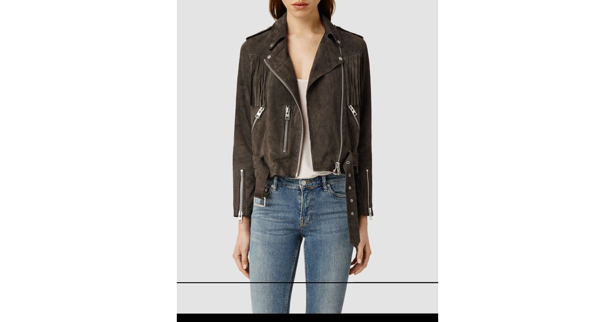 Lyst Allsaints Tassel Leather Biker Jacket In Gray