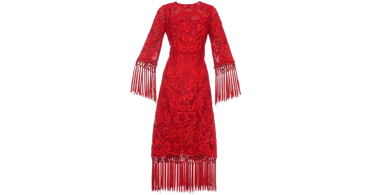 Lyst - Dolce & gabbana Floral-Embroidered Fringed Dress in Red