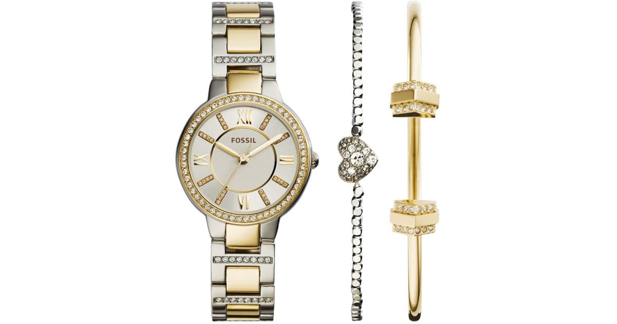 Lyst Fossil Women S Virginia Crystal Accent Two Tone Stainless Lyst Fossil Women S Virginia Crystal Accent Two Tone Stainless Steel Bracelet Watch 2 Bracelets Box Set 30mm Es3871set In Metallic