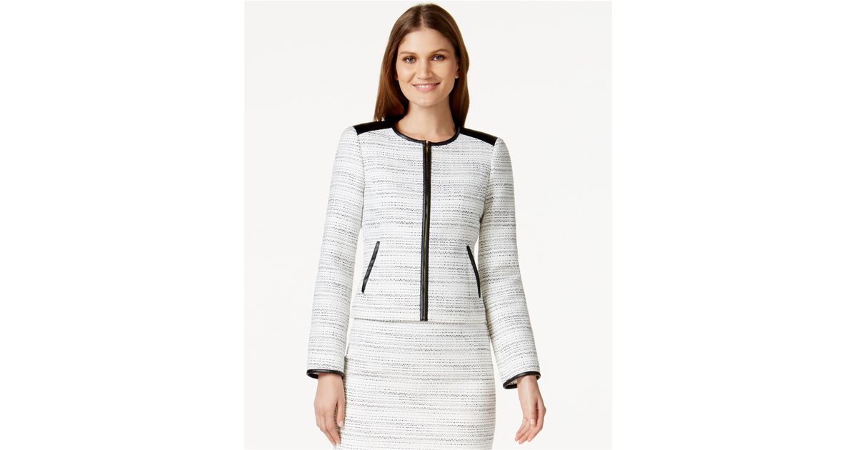 Lyst Calvin Klein Petite Faux Leather Trim Tweed Jacket In White