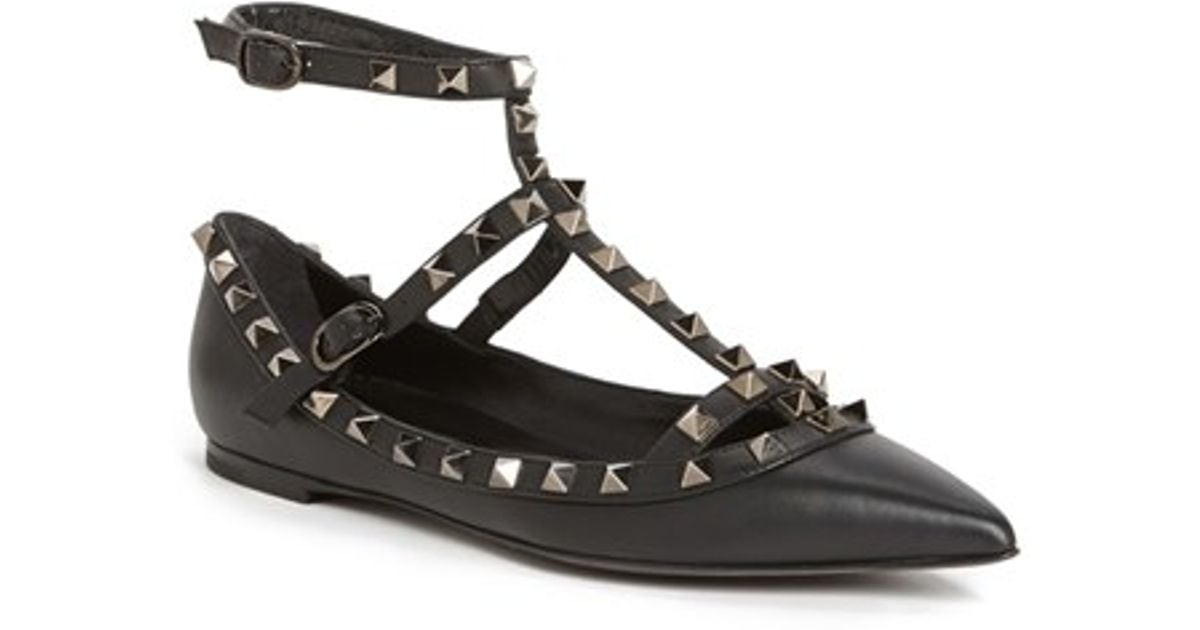 Valentino Rockstud Double Ankle Strap Pointy Toe Flat In Black Lyst