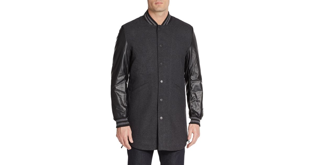 Lyst American Stitch Faux Leather Sleeve Wool Blend Varsity Coat Lyst American Stitch Faux Leather Sleeve Wool Blend Varsity Coat In Black For Men
