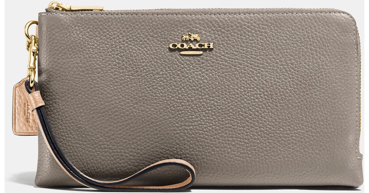Coach Double Zip Wallet In Colorblock Leather in Gold (LIGHT GOLD/FOG