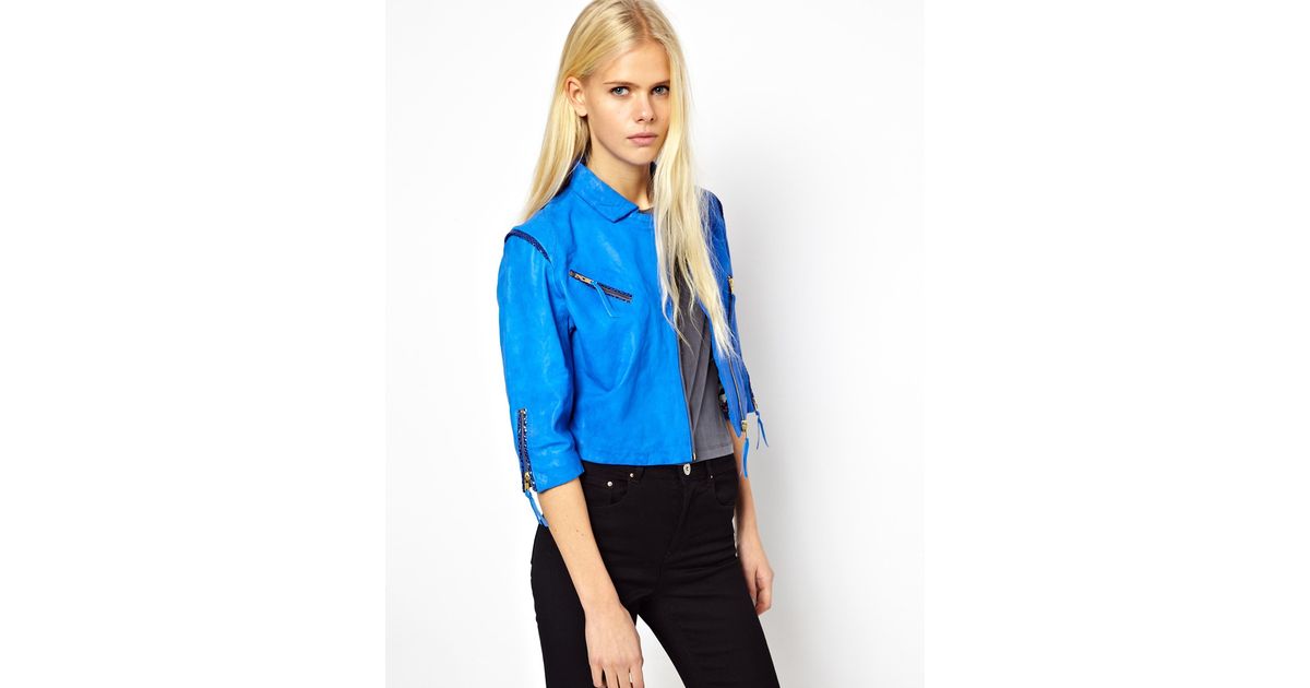 Doma Leather Cropped Jacket With Zips In Blue Lyst