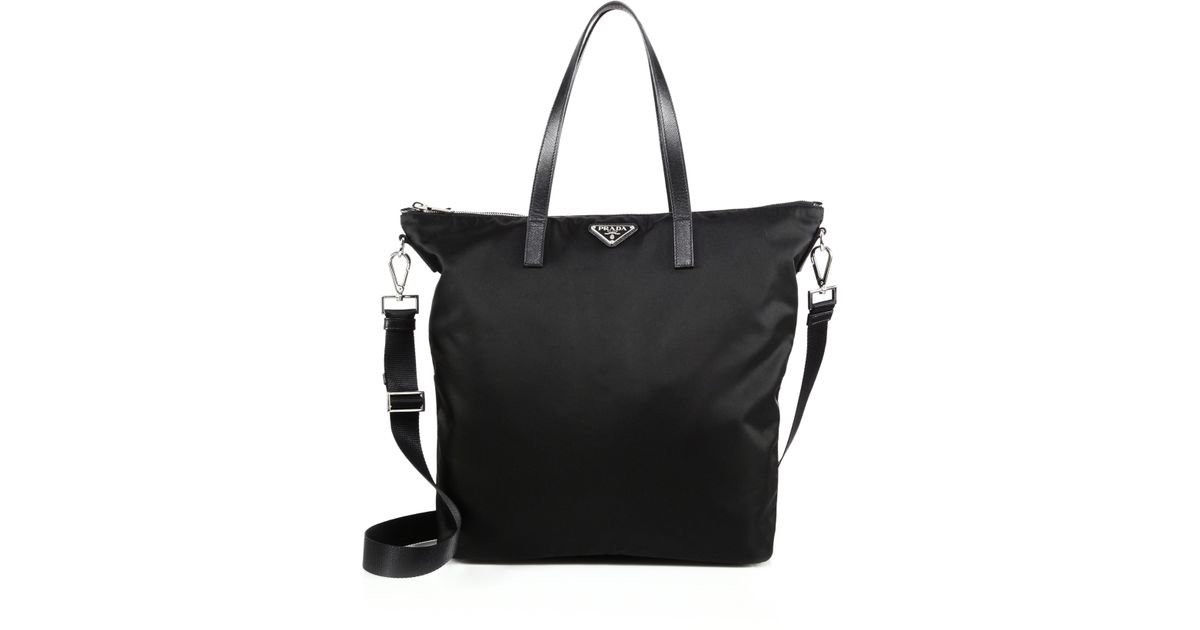 Prada Nylon \u0026amp; Leather Zip Tote in Black | Lyst  