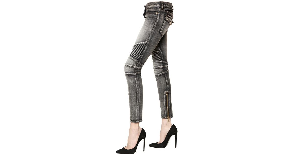 Lyst Balmain Quilted Stretch Denim Biker Jeans in Black