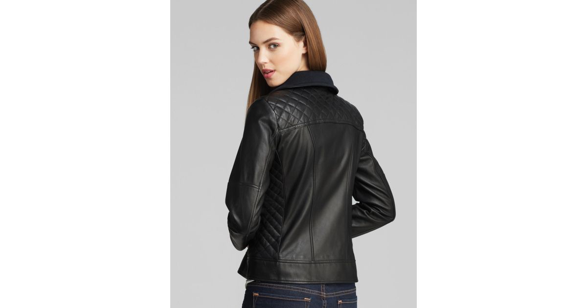 Cole haan Leather Jacket With Diamond Quilting in Black | Lyst