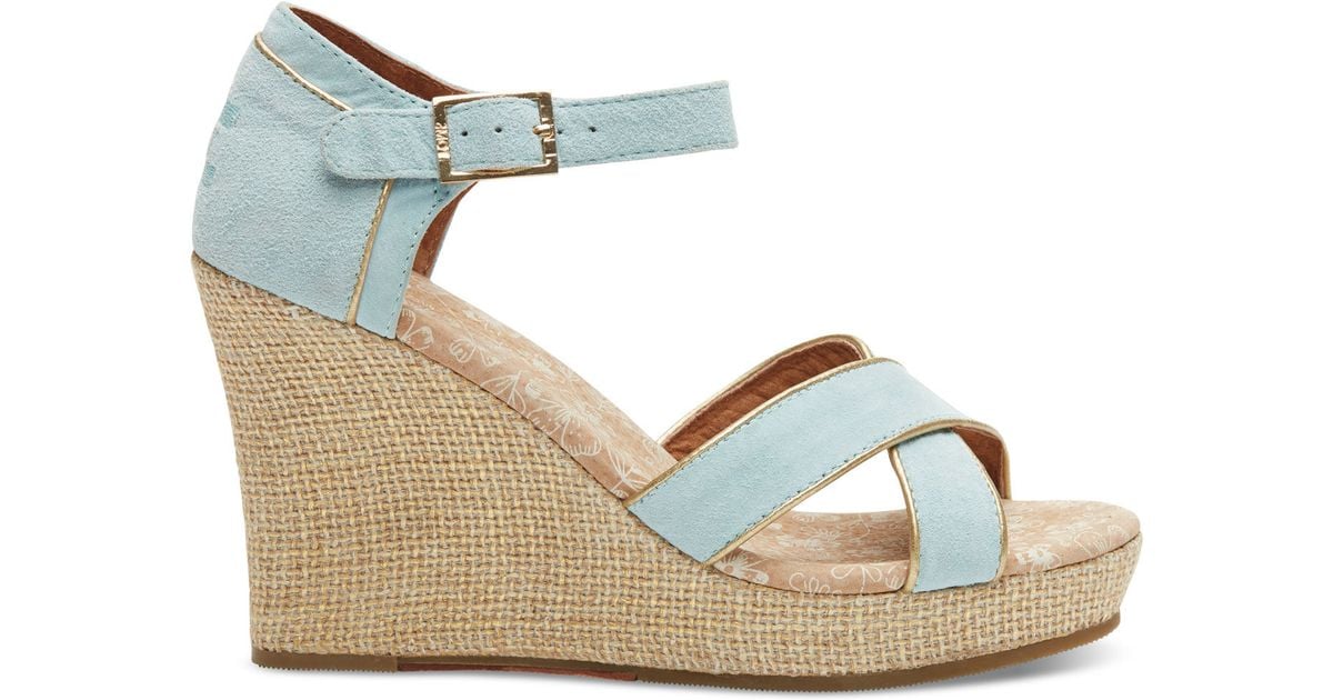 Toms Light Blue Suede Gold Trim Women's Strappy Wedges in Blue | Lyst
