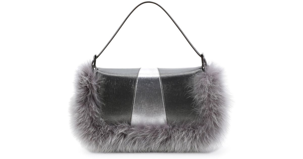 Lyst Fendi Baguette Metallic Fur Monster Bag In Gray