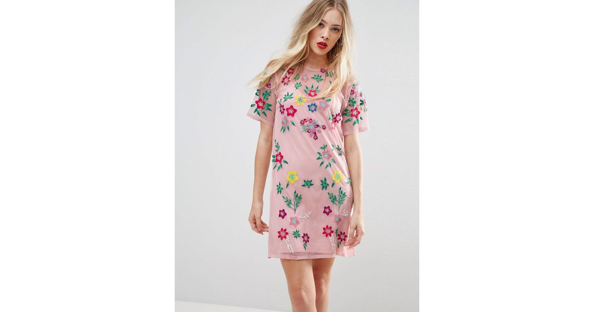 lyst asos premium mesh t shirt dress with floral embroidery in pink lyst asos premium mesh t shirt dress with floral embroidery in pink