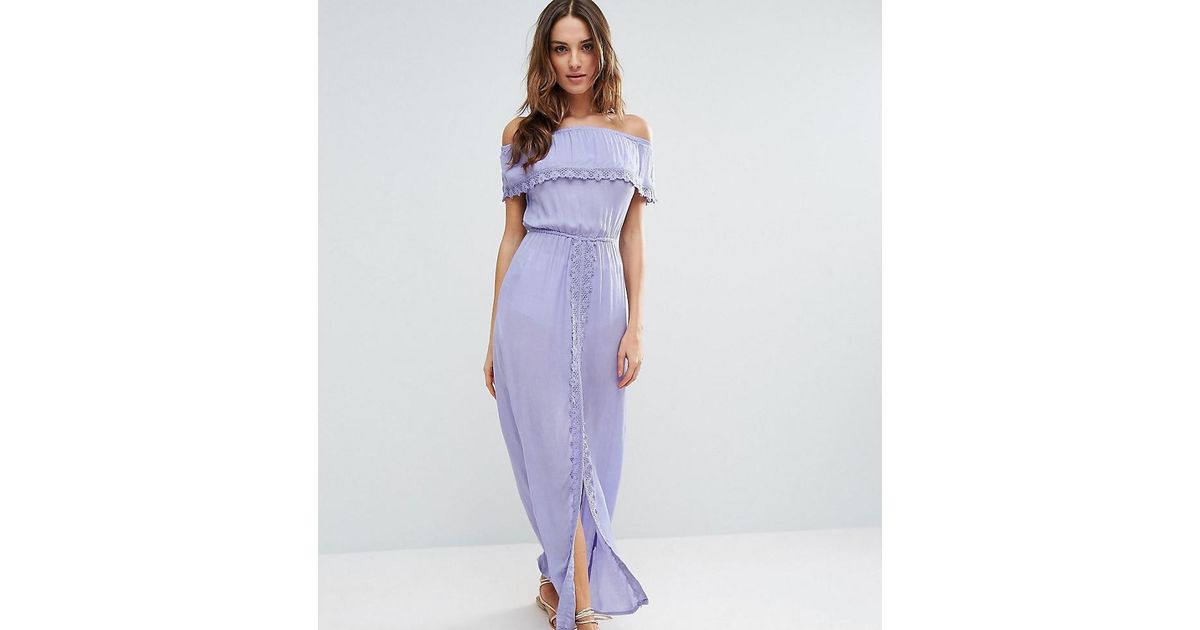 Lyst Akasa Off The Shoulder Ruffle Beach Dress In Purple