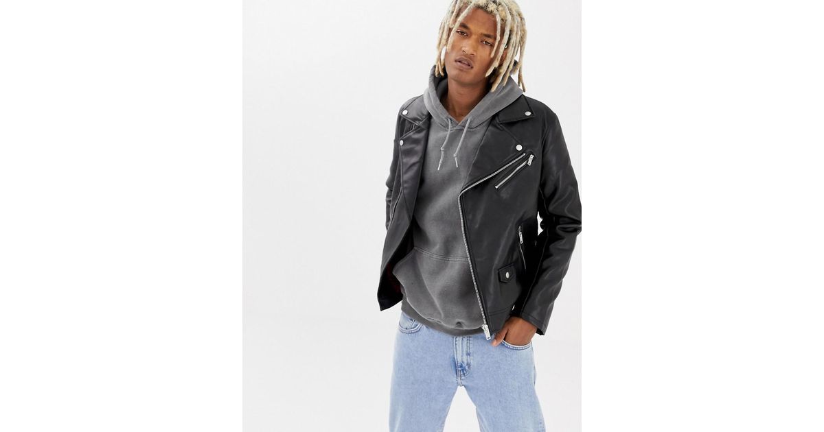 Bershka Faux Leather Biker Jacket In Black For Men Lyst