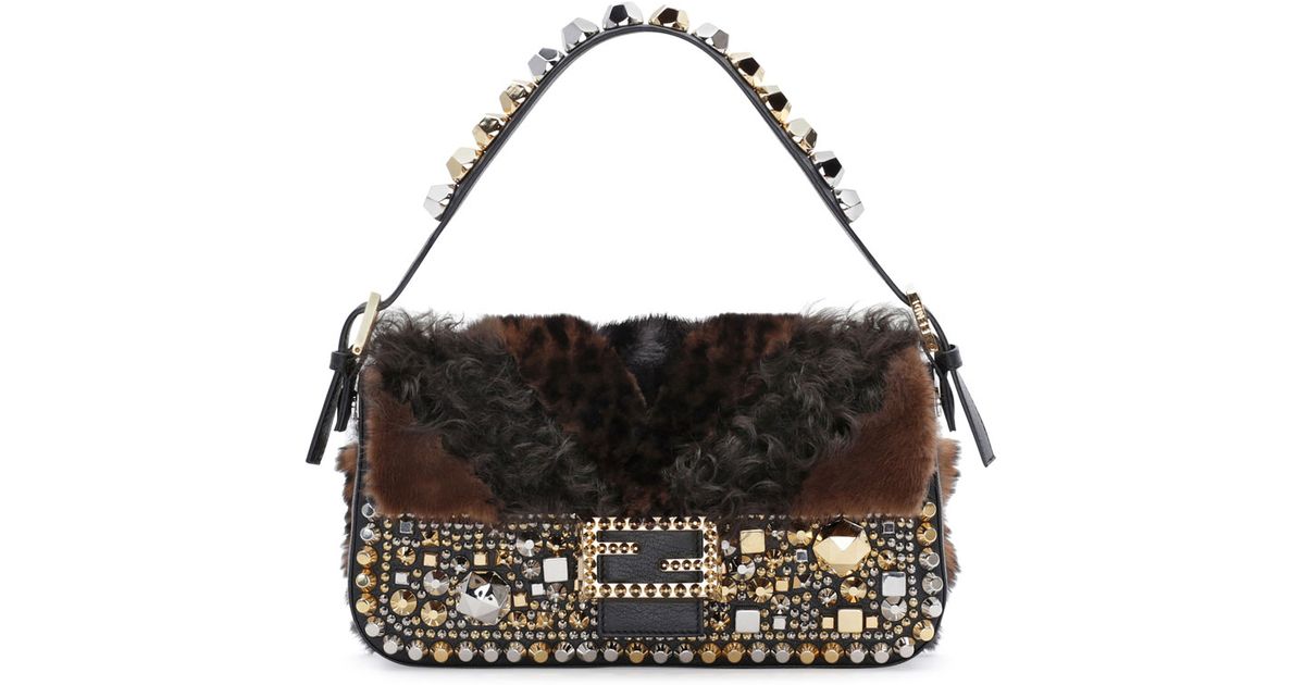 Lyst Fendi Baguette Stud Embellished Fur Bag In Black