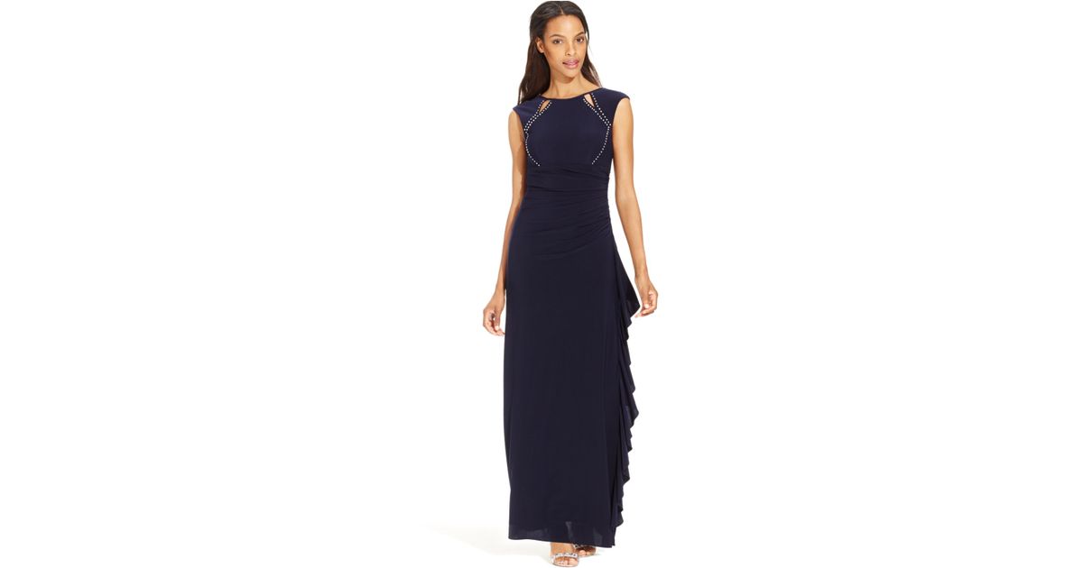 Lyst - Betsy & adam Cap-sleeve Embellished Gown in Blue