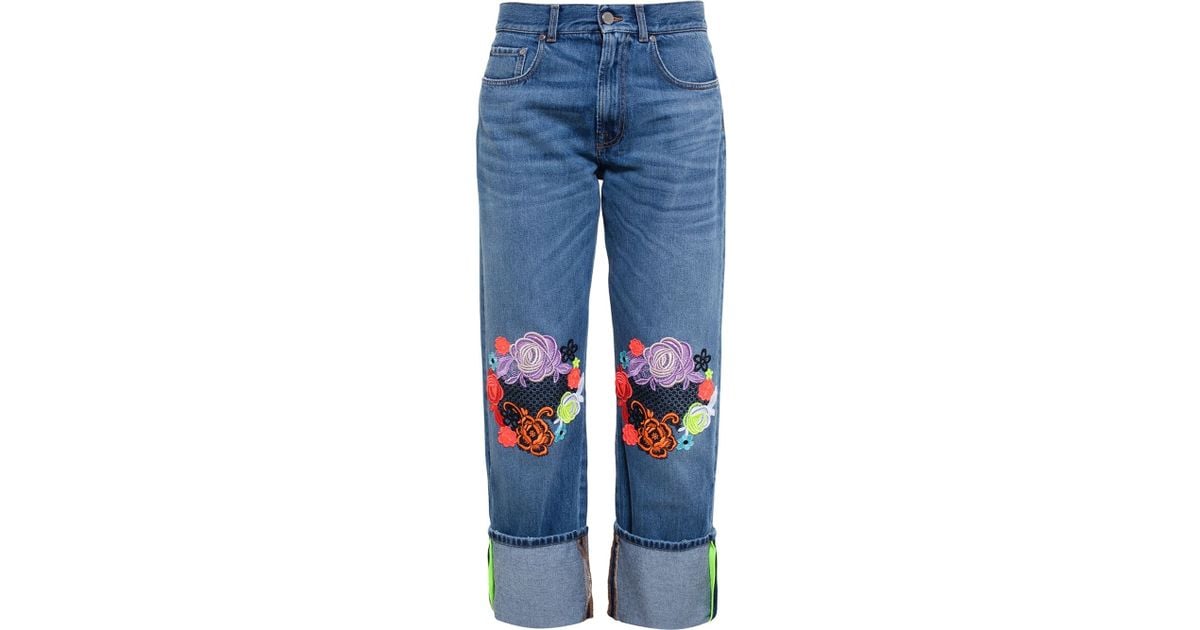 Christopher kane Wide-leg Jeans With Floral Appliqué in Blue - Save 60% ...