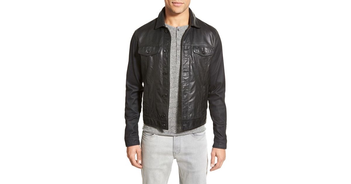 John Varvatos Trim Fit Leather Jacket With Knit Sleeves In Gray John Varvatos Trim Fit Leather Jacket With Knit Sleeves In Gray For Men Lyst