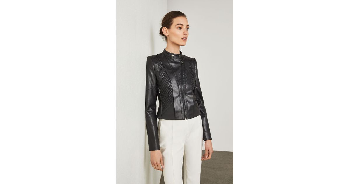 Lyst Bcbgmaxazria Quilted Faux Leather Moto Jacket In Black