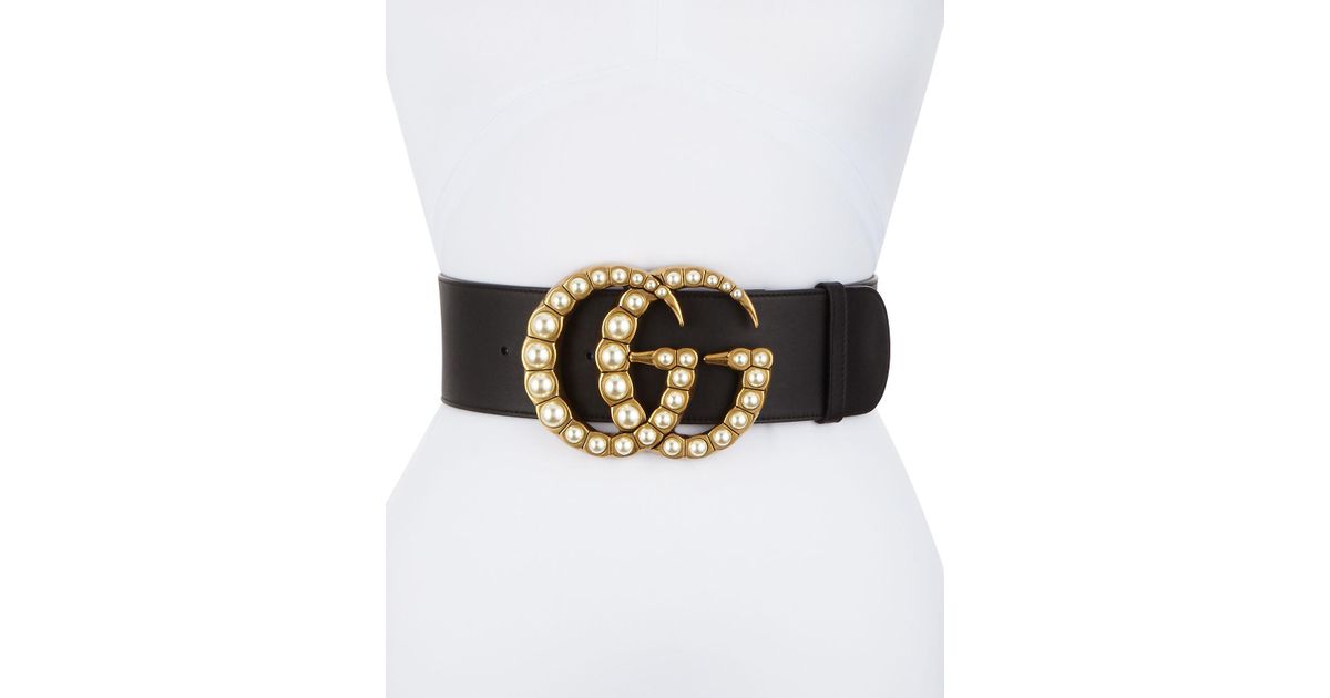 Gucci Wide Leather Belt W/ Pearlescent Beads in Black - Lyst