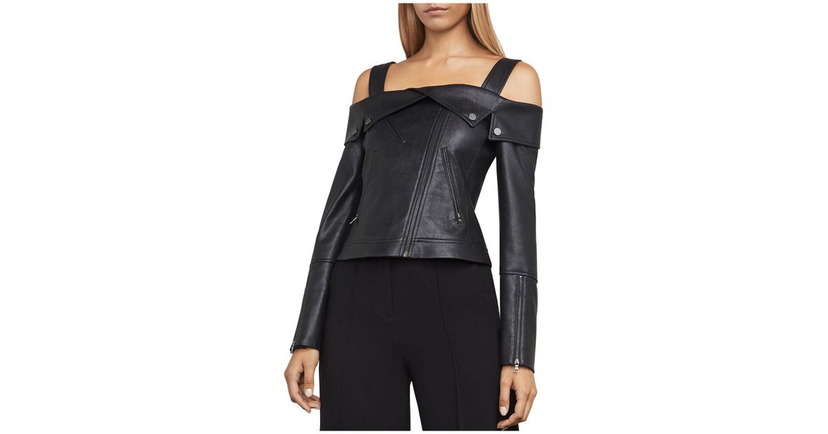 Bcbgmaxazria Black Clyde Cold Shoulder Faux Leather Moto Jacket Lyst