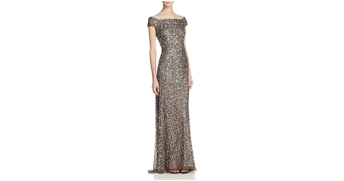 adrianna papell off shoulder sequin gown