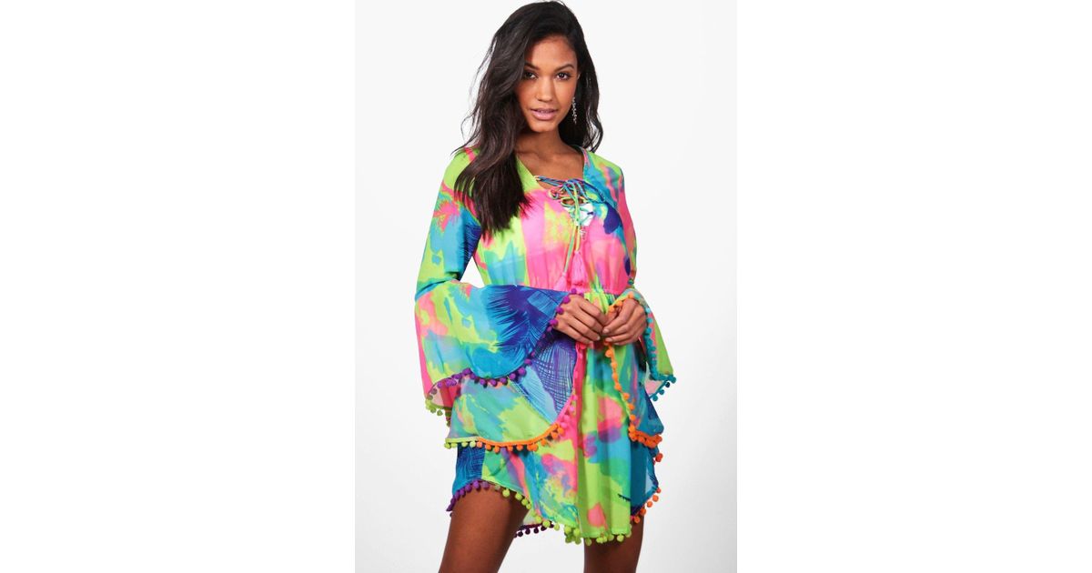 Lyst Boohoo Tropical Pom Beach Dress