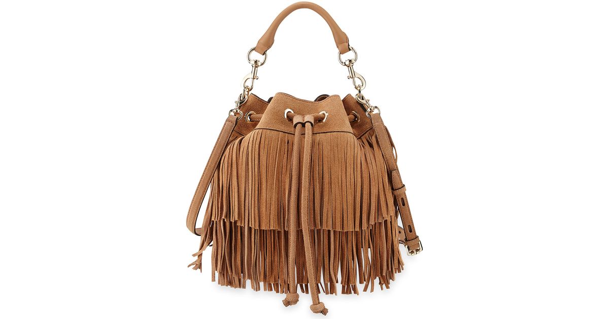 Rebecca minkoff Fiona Suede Fringe Bucket Bag in Natural | Lyst