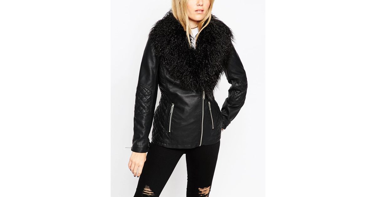 Asos Leather Look Biker Jacket With Oversized Faux Fur Collar In Asos Leather Look Biker Jacket With Oversized Faux Fur Collar In Black Lyst