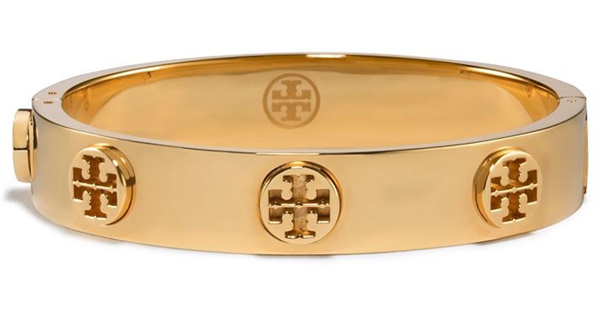 Lyst Tory Burch Metal Logo Stud Bracelet In Metallic